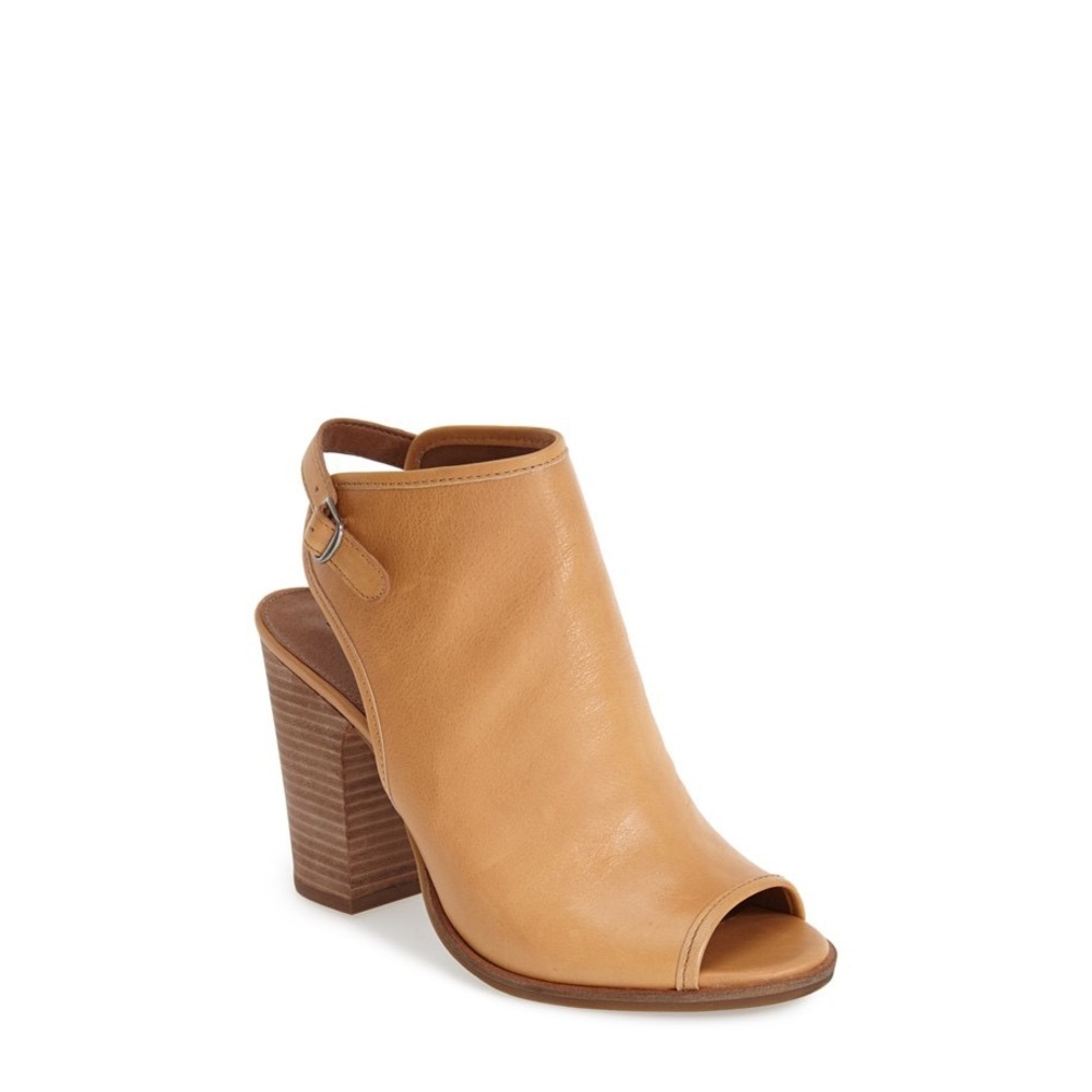 Lucky Brand Women Tan Leather Peep Toe Slingback Block Heel Bootie Mules Size 10